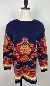 NWT Vintage 90s Baroque Sweater Small Navy Blue Cotton Knit Medallion Paisley - Picture 1 of 13