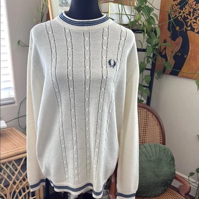 Vintage Fred Perry Ivory & Blue Cable Knit Pullover Crew Neck Sweater - Image 1 of 4