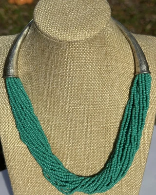 Lucky Brand Hammered Silvertone Turquoise Seed Bead 20” Necklace Multi Layered - Image 1 of 4