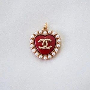 Chanel Zipper Pull Pendant, Heart, Pearls, Red, White, Gold, 22mm, Stamped - Picture 1 of 4