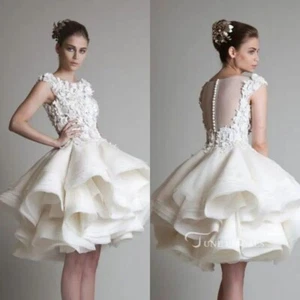 Elegant Short Wedding Dresses Spaghetti Straps Tiered 3D Floral Bridal Gowns - Picture 1 of 8
