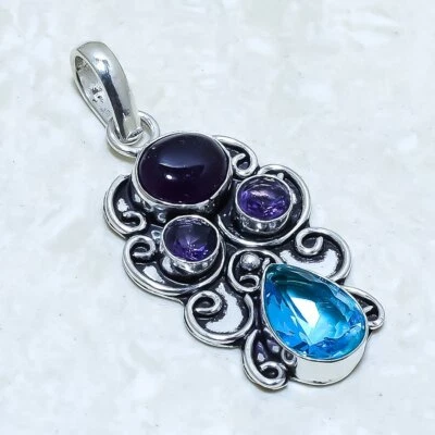 Pendente In Argento Con Gemma Di Ametista Africana E Topazio Blu 2.0" PRJ14481 - Immagine 1 di 2