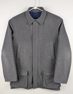 Lands End Reversible Coat Mens Large Gray Wool Blend Blue Canvas Long Jacket - Picture 1 of 16