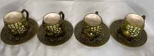 Set of 4 Majolica Olive Green Brown Grapes Leaves Espresso Cups With Saucer VTG - Picture 1 of 9
