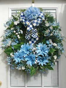 Light blue dahlia berries spring summer door wreath artificial floral large 26" - Picture 1 of 16
