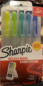 Sharpie Cool Colors set of 5 fine point markers in plastic case NEW - Picture 1 of 2