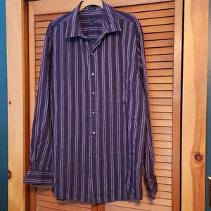 Van Huesen Studio Mens XLT Button Down Deep Purple Black Pin Stripes - Picture 1 of 6