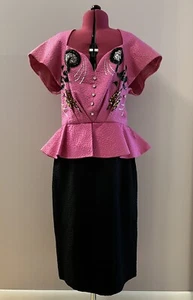 Vintage Ted Lapidus Couture Paris Prom Dress Hot Pink & Black Beaded Peplum 4/6 - Picture 1 of 9