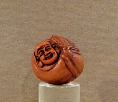 Netsuke - Buda riendo japonés vintage tallado a mano de boj con abanico firmado Foto 1 de 4