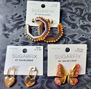3-SUGARFIX-DANGLE EARRINGS-LOCKED HEARTS BUTTERFLY-HOOPS-PIERCED - Picture 1 of 3