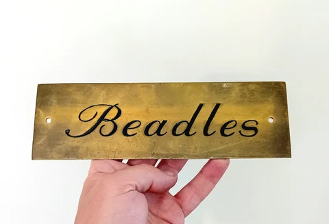 Antique 1920's Brass Shop Sign / Wall Plaque " Beadles " - Lovely Font / Script Cover