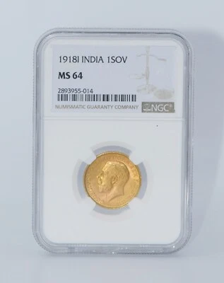 Moneda De Oro Soberana De 1 India 1918 NGC MS64 - Imagen 1 de 2