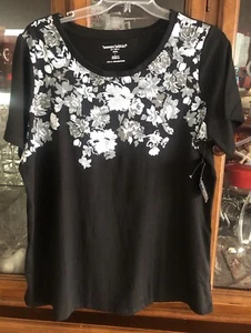 Woman Within L 18/20 Plus Top Crewneck S/S Floral Black Multi Cotton/Poly NWT - Picture 1 of 14