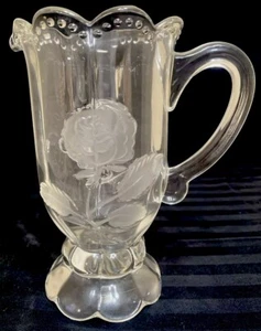Vintage Clear Heavy Glass Pitcher W/Etched Frosted Rose Design Beaded - Picture 1 of 7