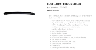 AutoVentshade (AVS) 25430 Bugflector II; SMOKE 2006- 2008 RAM 1500/2500/3500 - Image 1 of 4