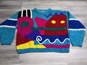 Vintage One Step Up Colorful Abstract Sweater 80s 90s Retro Adult Size M Chunky - Picture 1 of 6