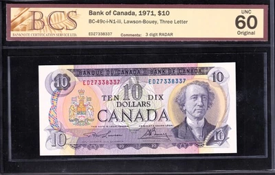 Canada 1971 $10 Ten Dollar Banknote Lawson - Bouey BCS Graded UNC60 Three Letter - Image 1 of 2