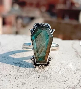 Labradorite Gemstone Coffin Ring, 925 Sterling Silver Ring, Statement All Size - Picture 1 of 9