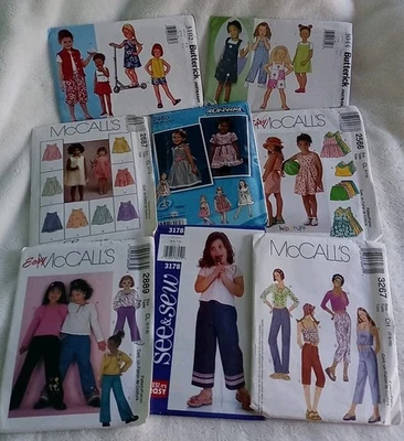 8 FF Sewing Pattern Set Girls 6 7 8 Dress Shirt Shorts Pants Overalls Wardrobe  - Image 1 of 4