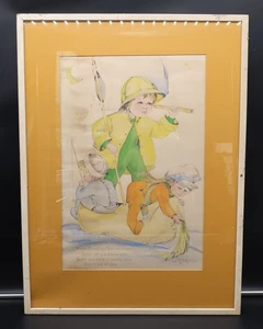 Vtg Framed & Matted Wynken Blynken Nod Nursery Illustration Signed Ellen Nelson - Picture 1 of 24