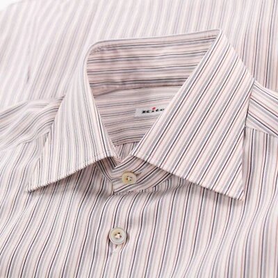Camicia elegante Kiton nuova con etichetta taglia 15,75 40 beige e bianca a righe 100% cotone - Immagine 1 di 4