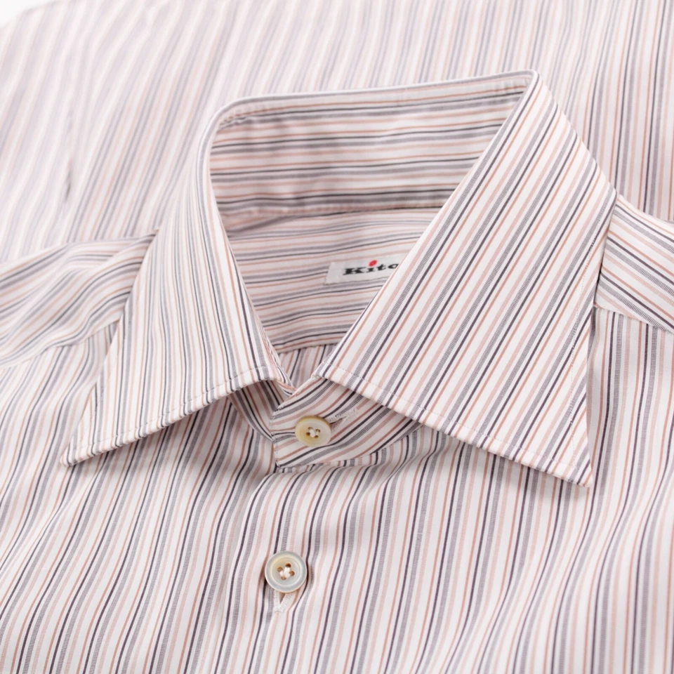 Camisa de vestir Kiton nueva con etiquetas talla 15,75 40 beige y blanco a rayas 100 % algodón Foto 1 de 4