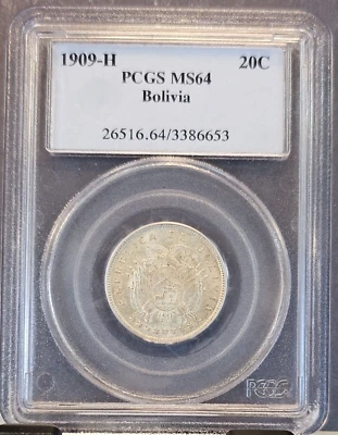 1909 BOLIVIA SILVER 20 CENTAVOS HEATON PCGS MS 64 BEAUTIFUL BU COIN - Image 1 of 3