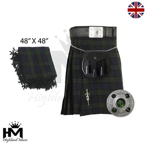 Traditional Black Watch Tartan Kilt Set for Men with Matching Fly Plaid - Picture 1 of 2
