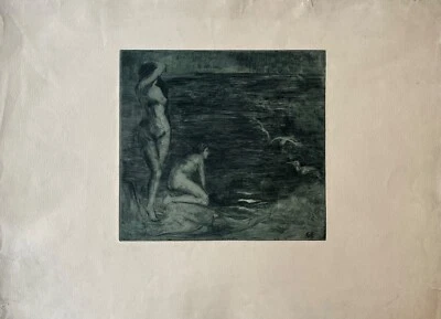 Radierung Jugendstil Gertrud Eichhorn 1883-? Weibliche Akte am Meer #2 Möwen - Bild 1 von 4