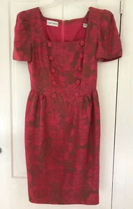 Vintage Albert Nipon Floral Brocade Linen Dress Short Sleeve Pink/Brown ~ Sz 10 - Picture 1 of 5