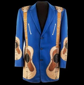 Men Blue 2Pc Guitar Embroidered With Rhinestones Western Suit Music Cowboy Set - Picture 1 of 6