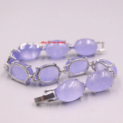 NUEVO Juego de pulsera para mujer Arrival enchapado en oro blanco de 10 mm ovalada de jade púrpura 7,28" L Foto 1 de 4