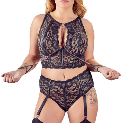Übergröße Sexy Strapse BH-Set 85D-95F Spitze + Fesseln + Dessous schwarz "Beggy" - Bild 1 von 4