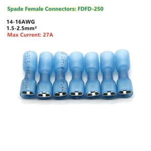 100Pcs 16-14Gauge Heat Shrink Blue Wire Connectors Crimp Spade Female Terminals - Picture 1 of 7