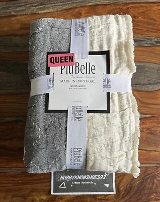 "Piu Belle lino fino Queen Quit gris crema rayas borde crudo 100 % algodón 88"" X 94""" Foto 1 de 4