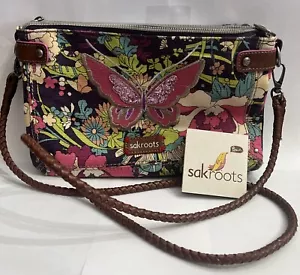 SAKROOTS CANVAS CROSSBODY PURSE 3 Zippers PEACE Embroidered Butterfly - Picture 1 of 9