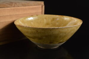 G5779: Japanese Old Seto-ware Yellow glaze TEA BOWL Green tea tool w/box