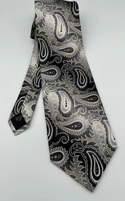 Corbata Mario Ferrari 100% Seda Negra Plata Paisley Hecha a Mano Oficina de Negocios Foto 1 de 4