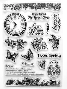 Lock & Key Clock Flowers Butterfly Lace Clear Stamp Set - Approx 16 x 11 cm - Picture 1 of 2