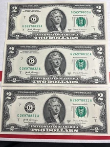 3 Consecutive Serial Number,  2017A , US $2 DOLLAR BILLS Uncirculated - Picture 1 of 2