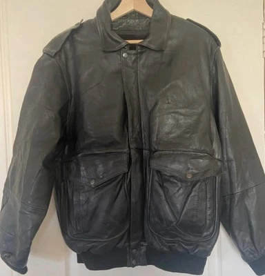 Men’s Vintage Black Leather Flying Bomber Jacket Sherpa Lined Size 44” XXL - Image 1 of 4