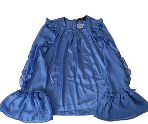 French Connection Bluse Damen XS Blau Rüschen Glockenärmel Satin Transparent Elegant - Bild 1 von 9