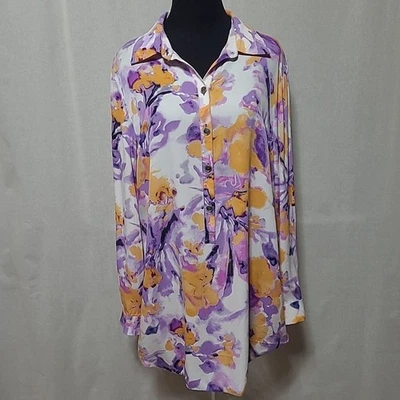 Top popover de seda manga larga Ann Klein para mujer talla XL púrpura floral fluido Foto 1 de 4