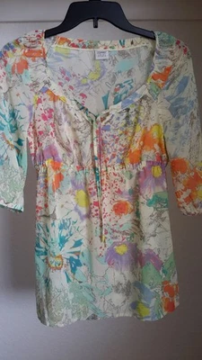 Esprit  Women Size 4 Semi-Sheer Top Blouse 3/4 Sleeve Colorful Floral EUC - Image 1 of 4