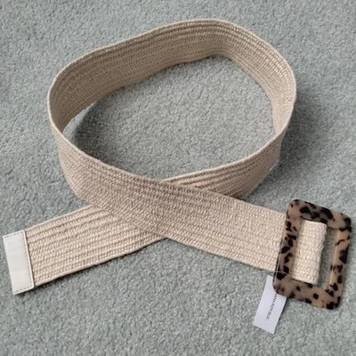 NWT Women's S Banana Republic Wide Raffia Slide Belt With Leopard Buckle NEW - Image 1 of 4