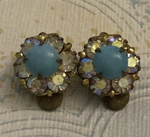 Pendientes de clip vintage decorativos delicados aurora boreal diamante y turquesa 1,5 cm - Imagen 1 de 5
