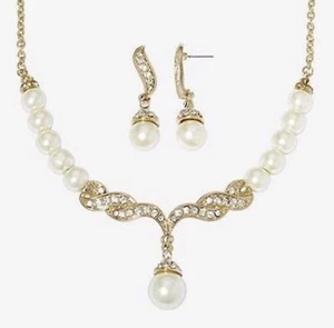 Monet Simulated Pearl and Crystal Gold-Tone Drop Earring and Necklace Set, New - Picture 1 of 2