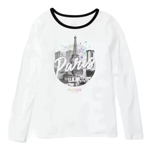 Justice Girls Top White 16/18 Pullover Long Sleeves Paris Colorful Stars Logo - Picture 1 of 9