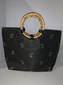 Sonnige Hawaii große Palme schwarz Handtasche Bambus Griffe 17”x12”x 4,5” - Bild 1 von 9