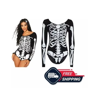 Women's Skeleton Halloween Long Sleeve Bodysuit Ladies Leotard Top UK Sizes 8-26 - Picture 1 of 6